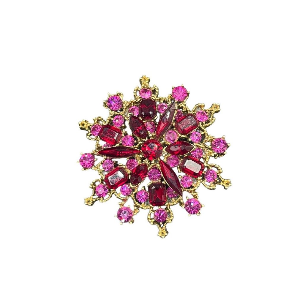 Vintage D&E DeLizza & Elster Juliana Starburst Pin Brooch Pink Red Rhinestones